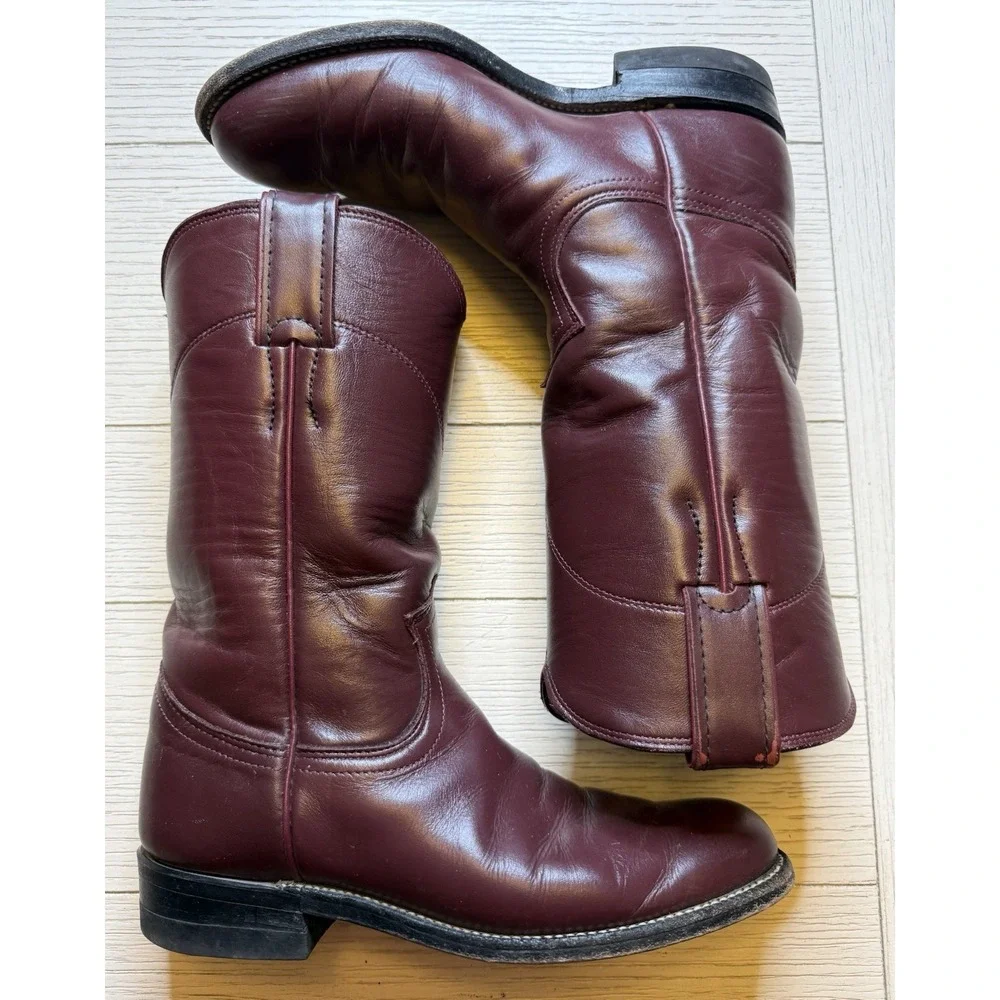 Justin Vintage Roper Boots Women's / Kids 4 B Made In‎ USA L3068 Maroon Leather